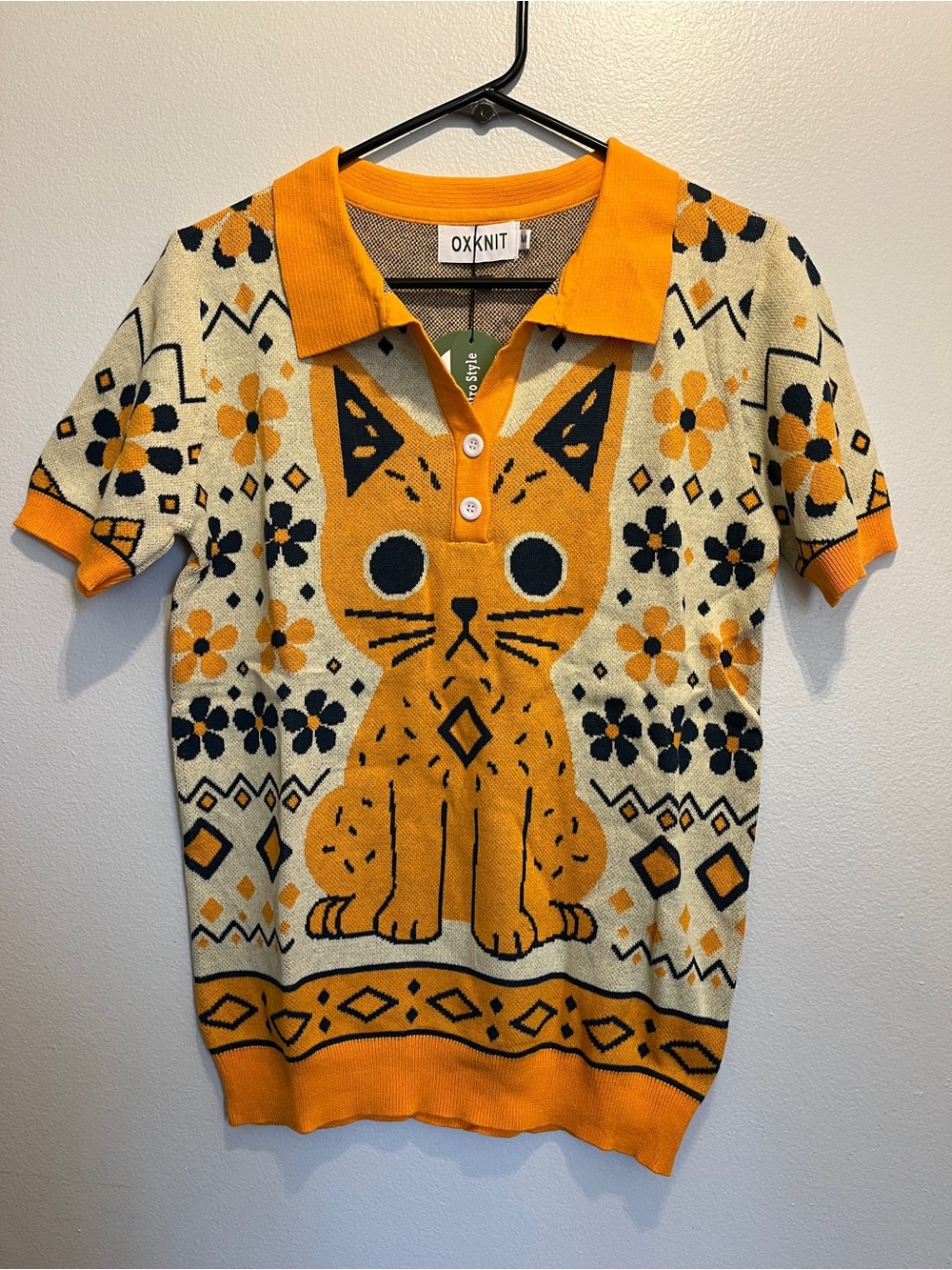 Oxknit Orange Cat Sweater Collared Shirt NWT Medium